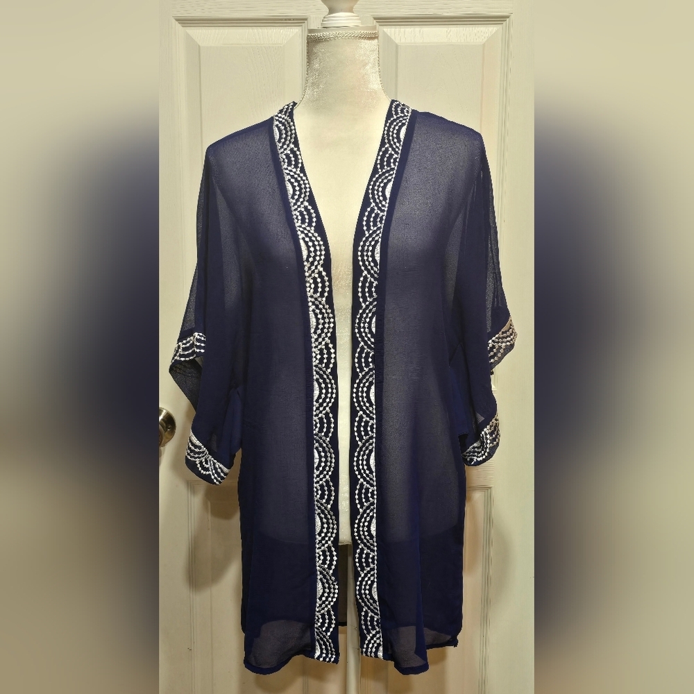 Cejon Navy Blue Sheer Kimono with Embroidered White Trim